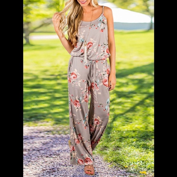 Pants - Floral wide leg tie waist jumpsuit with pockets
